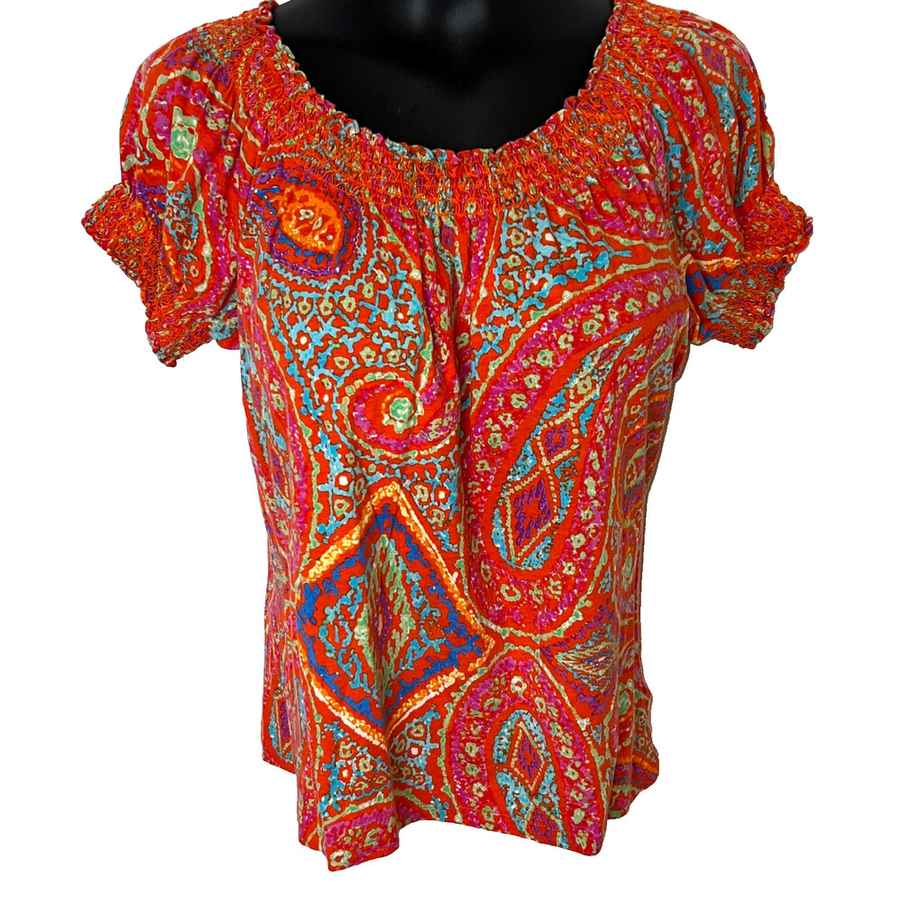 LRL Ralph Lauren Women's PL Blouse Orange Blue IKAT Print Peasant Top Short Slv